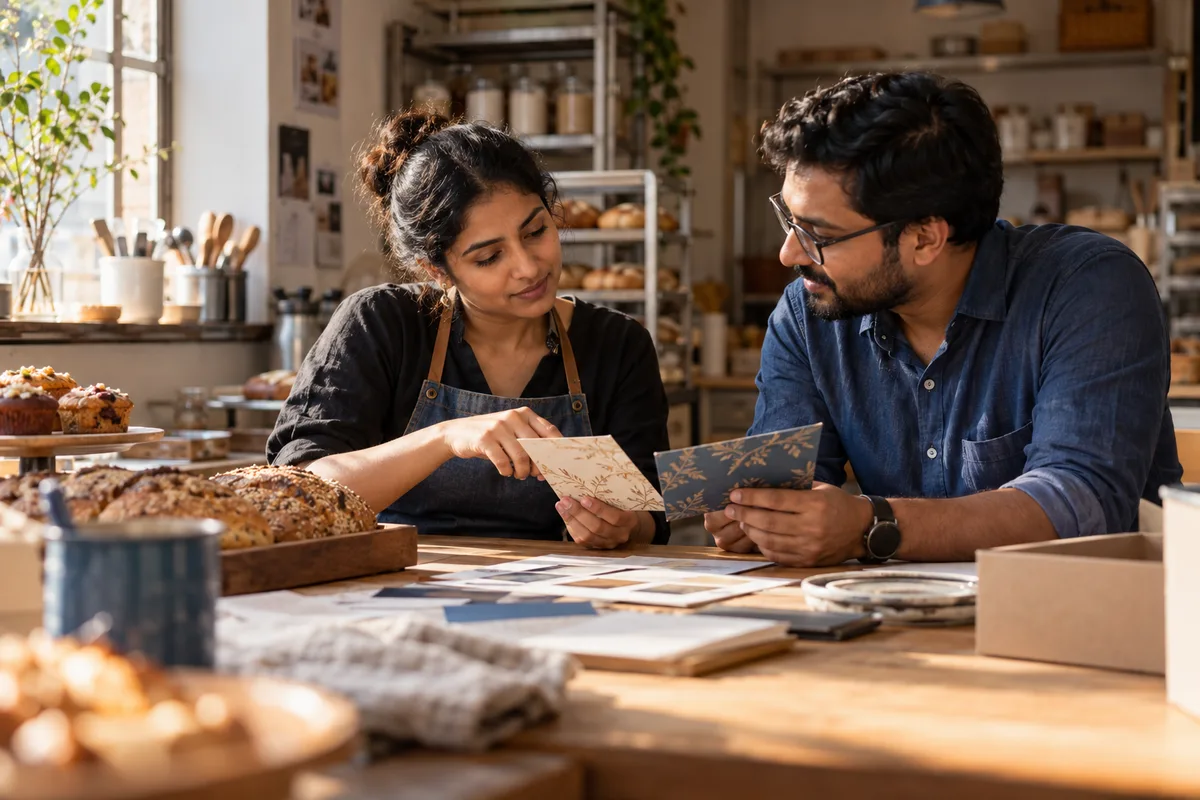 A bakery owner and designer choosing between packaging samples