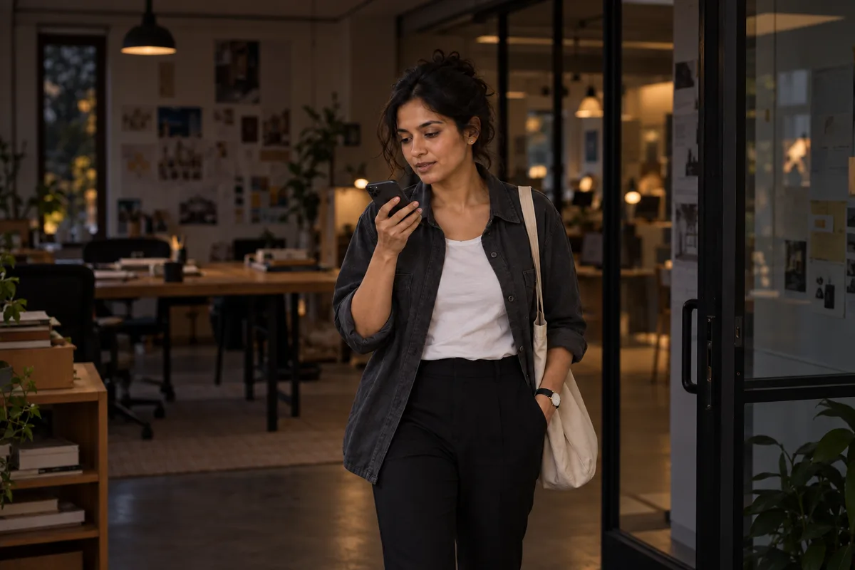 A professional recording a follow-up voice note as she leaves her softly lit studio in the evening