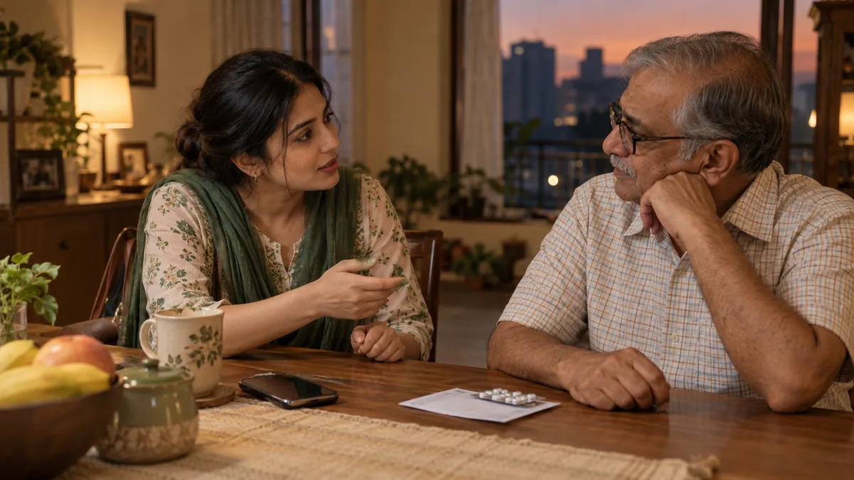 A daughter listening closely to her father beside his prescription