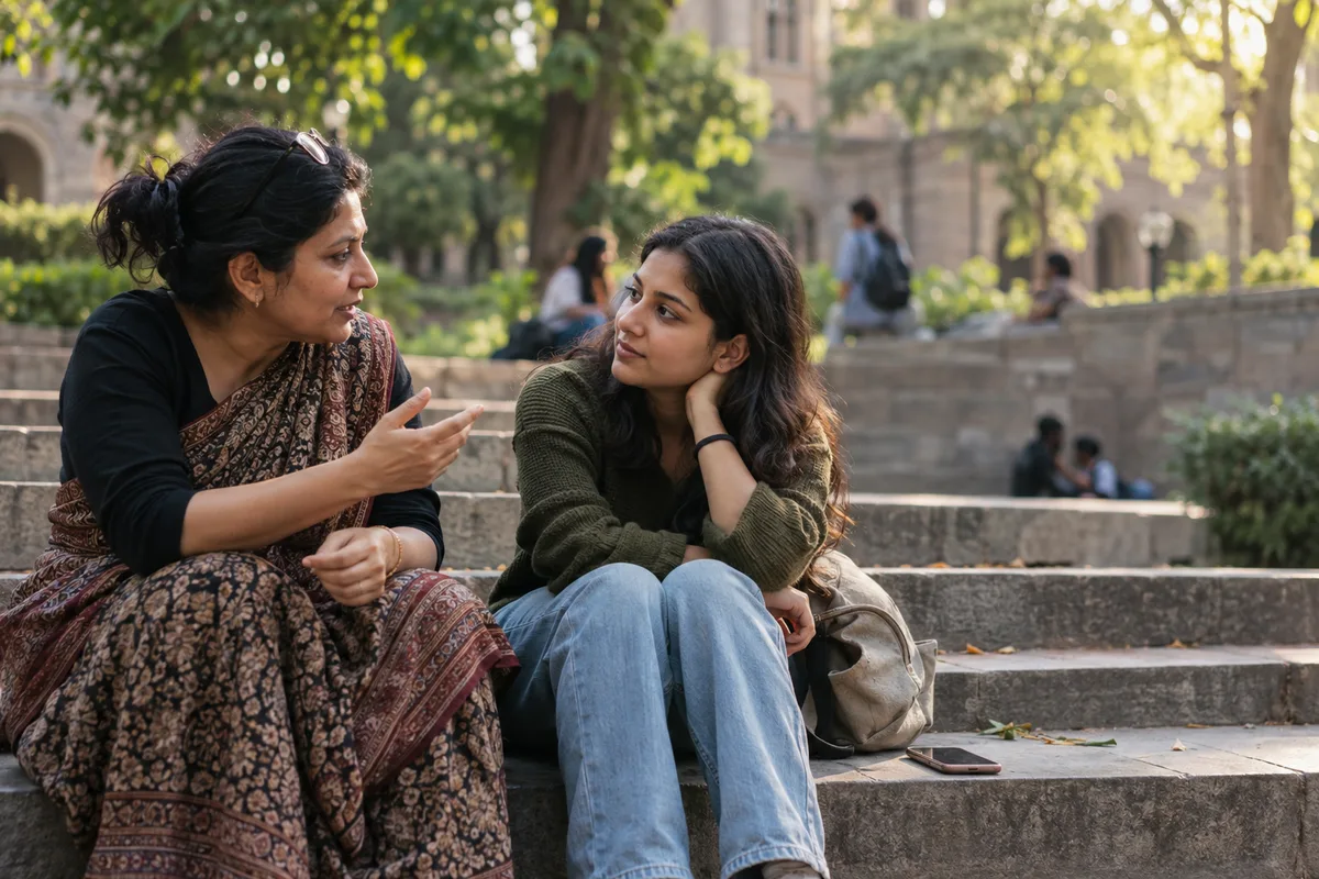 A student listening to her mentor on a university campus