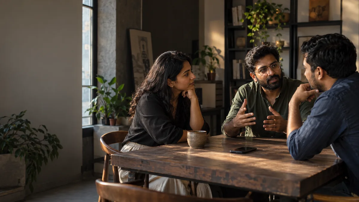 Three colleagues absorbed in a conversation around a table while a phone quietly records
